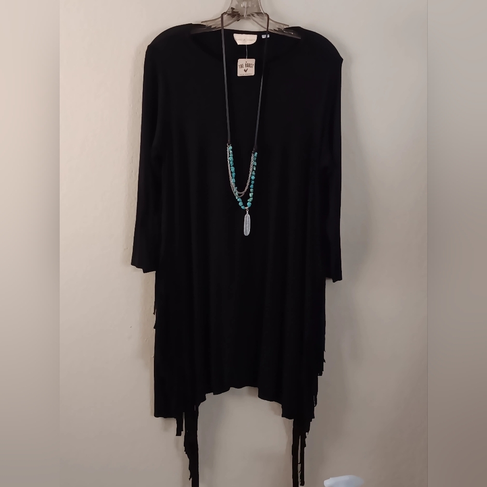 NWT Black Stretch Tunic With Fringe Black M Western Southwestern